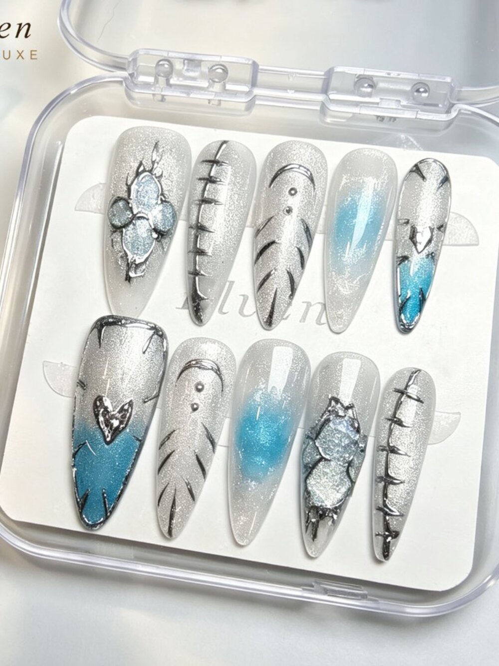 Silver Blue Gradient Stiletto Handmade Press On Nails with Feather Design Gothic